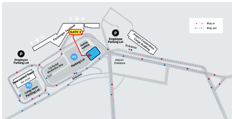 English map of the Jeju International Airport parking area showing the passenger terminal, parking building, P1 parking lot, and rental car shuttle bus exit